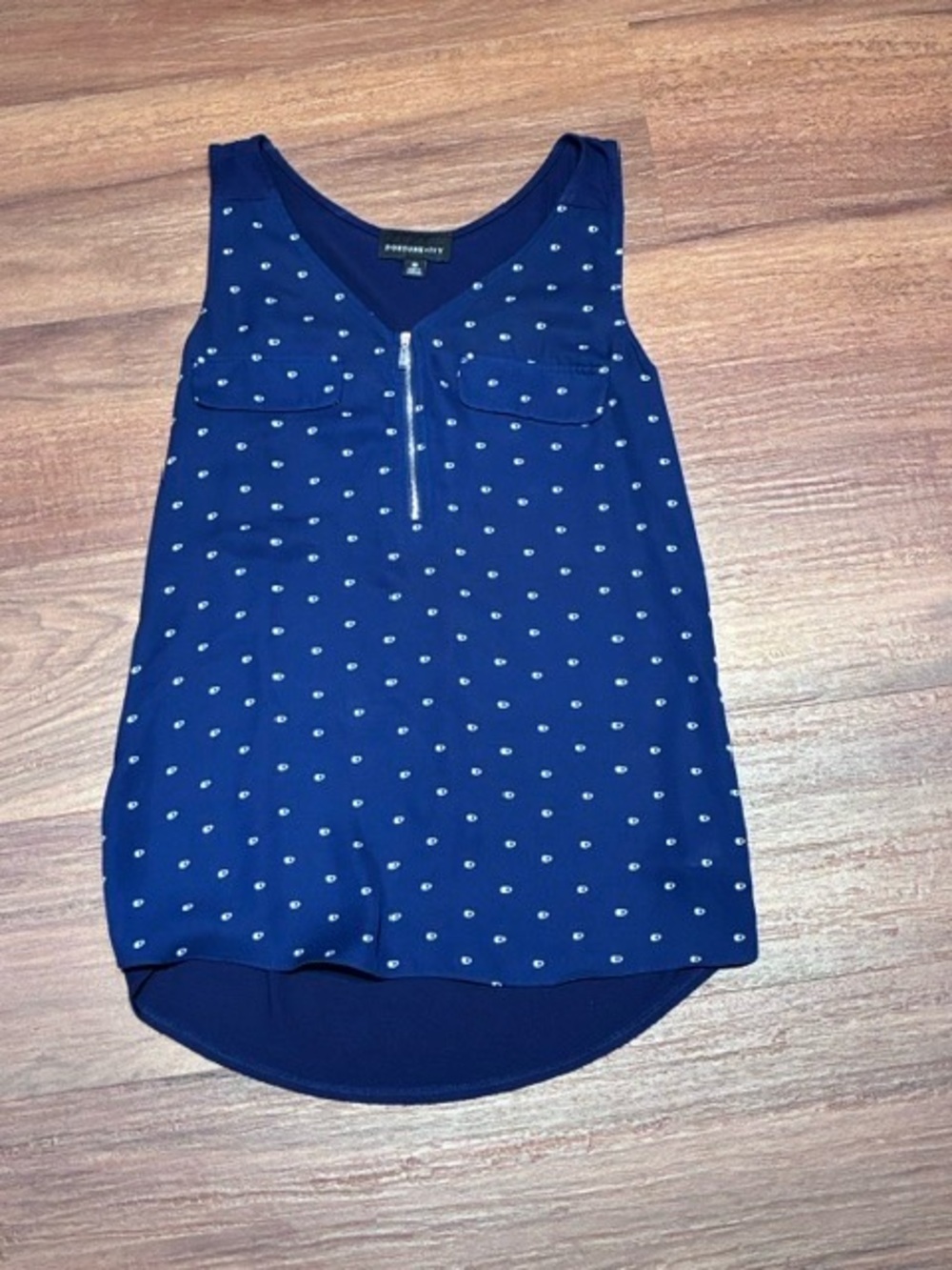 Blue Polka Dot Sleeveless Zip-Front Top